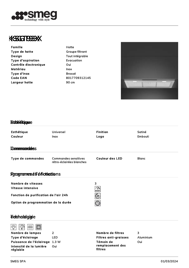 Page n°1 - Fiche technique Smeg KSGT93X