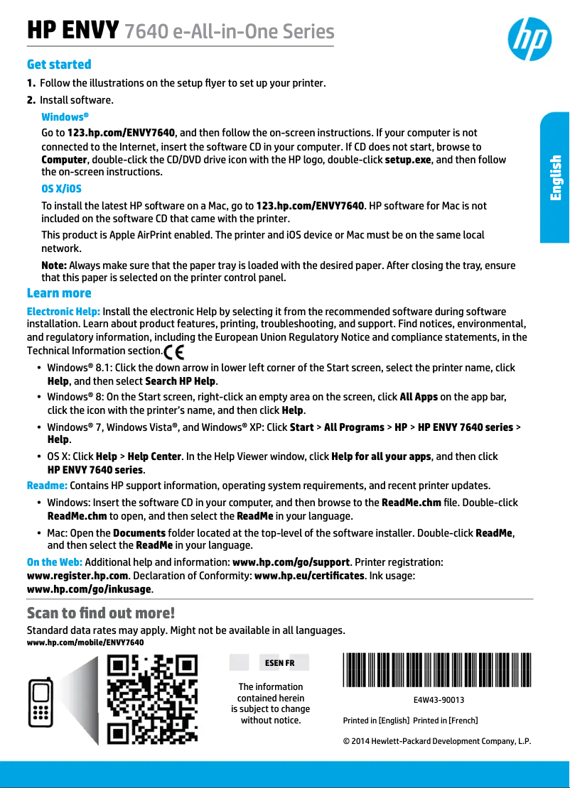 Page 1 de la notice Manuel utilisateur HP ENVY 7640 All-in-One