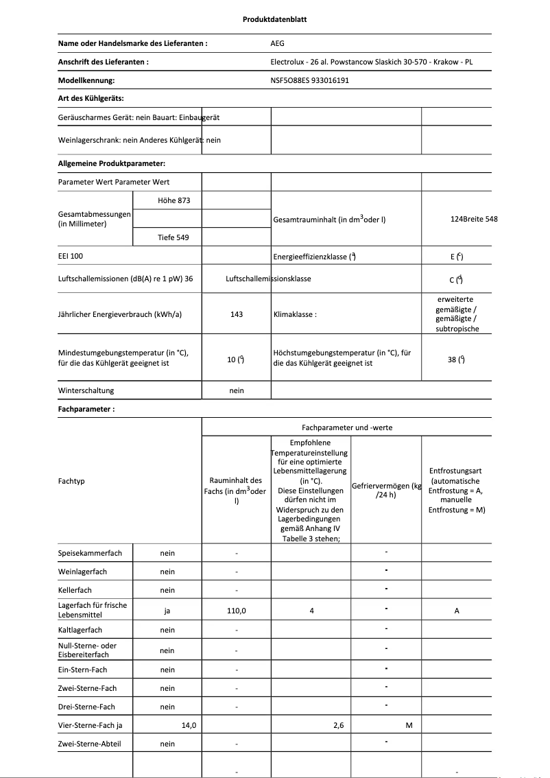 Page n°1 - Fiche technique AEG NSF5O88ES
