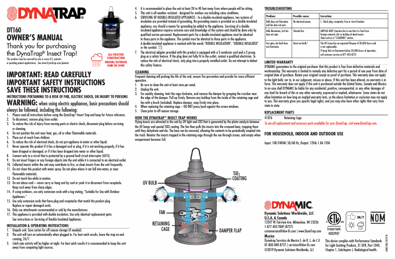 Page n°1 - Manuel utilisateur Dynatrap DT160
