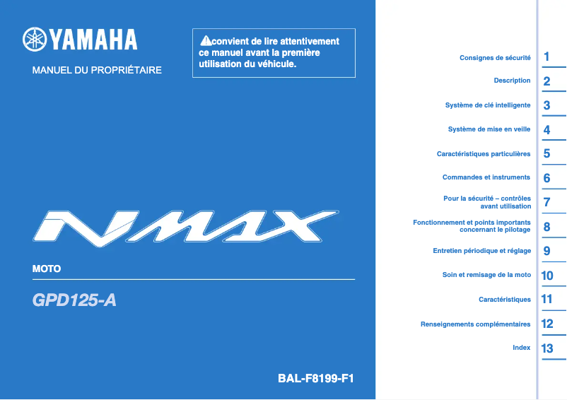 Image de la première page du manuel de l'appareil NMAX 125 (2022)