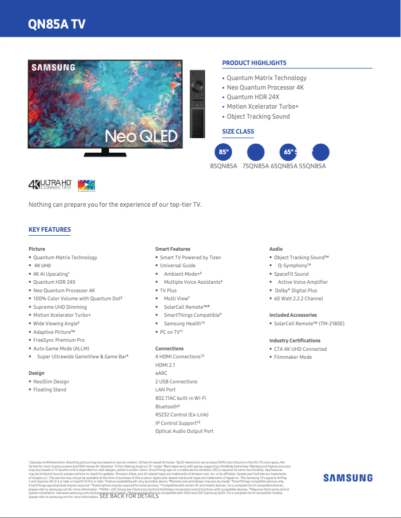 Page 1 de la notice Fiche technique Samsung QN75QN85A