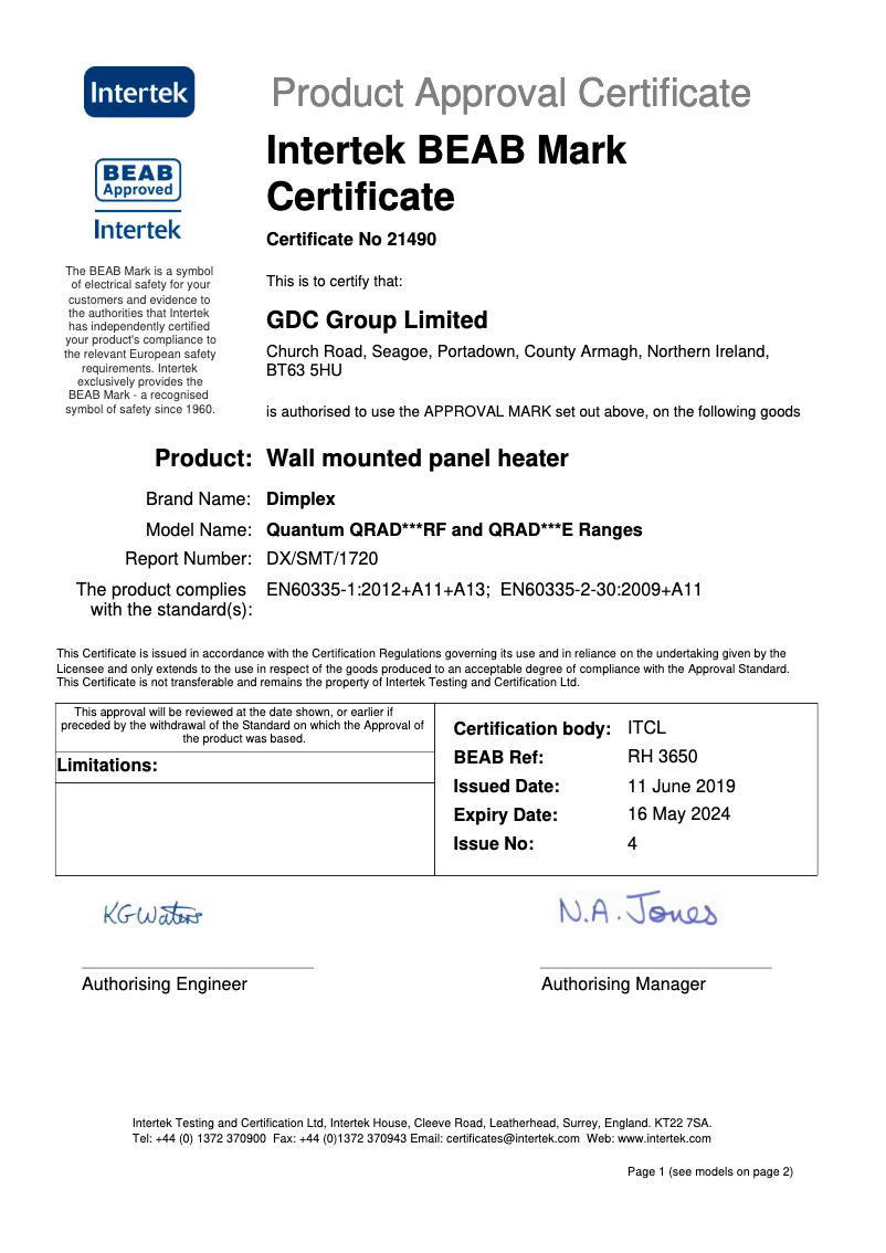 Page 1 de la notice Fiche technique Dimplex QRAD200E