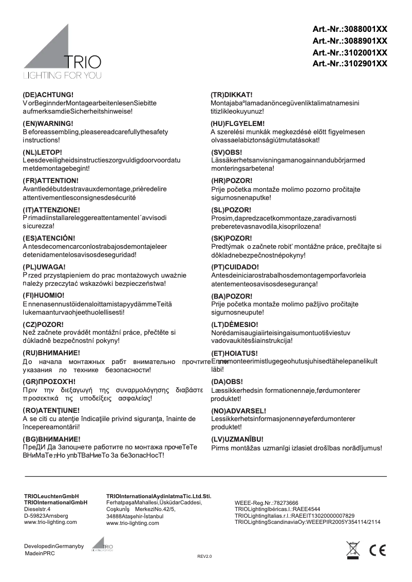 Page 1 de la notice Manuel utilisateur Trio Lighting Madeira 310290101