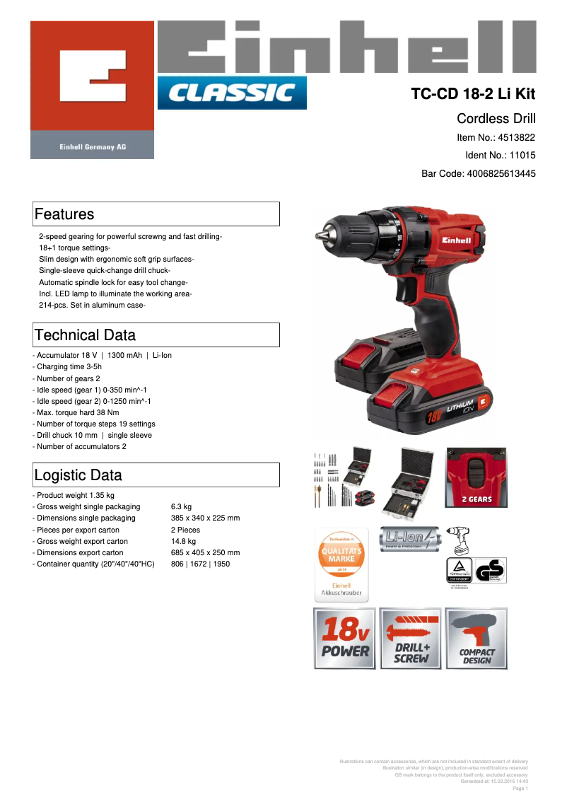 Page n°1 - Fiche technique Einhell TC-CD 18-2 Li Kit