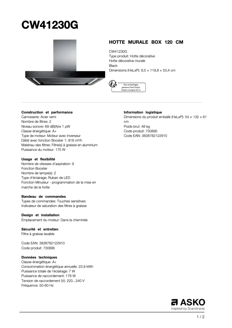 Page n°1 - Fiche technique Asko CW41230G