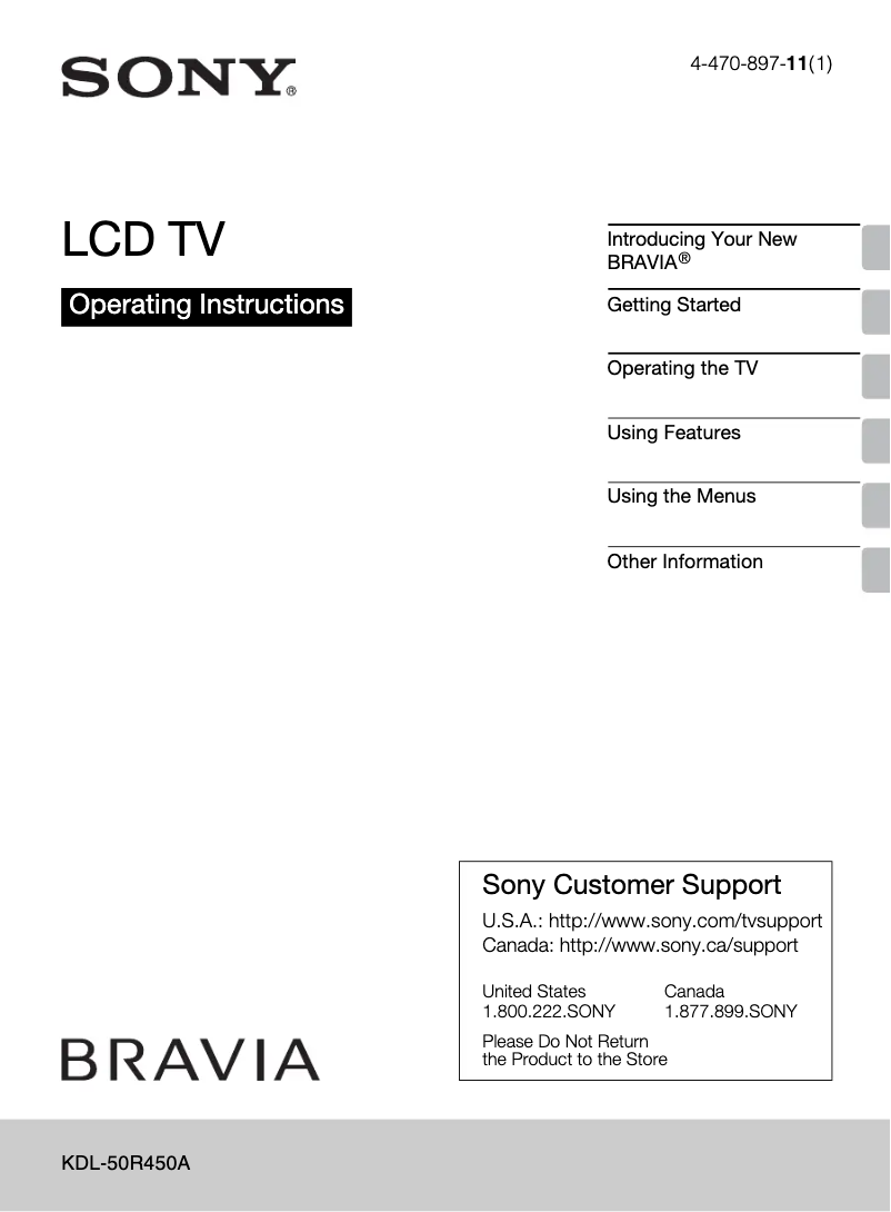 Page 1 de la notice Manuel utilisateur Sony Bravia KDL-50R450A