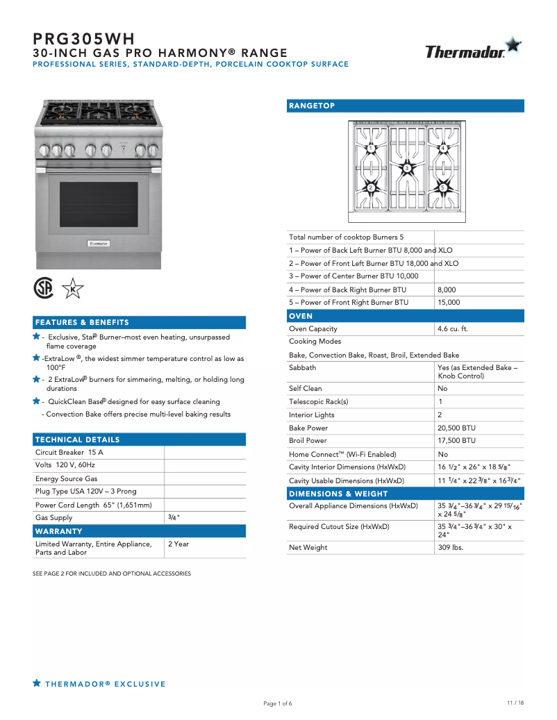 Page 1 de la notice Fiche technique Thermador Pro Harmony PRG305WH