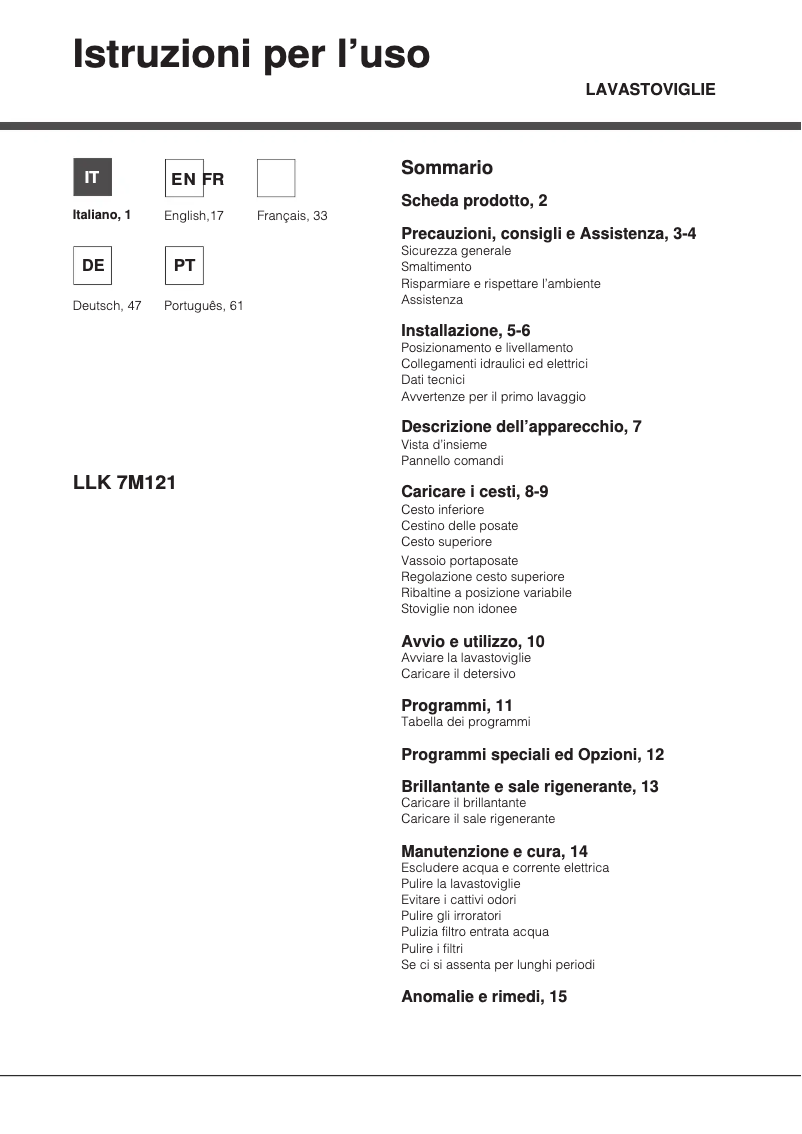 Page 1 de la notice Manuel utilisateur Hotpoint Ariston LLK 7M121 X EU
