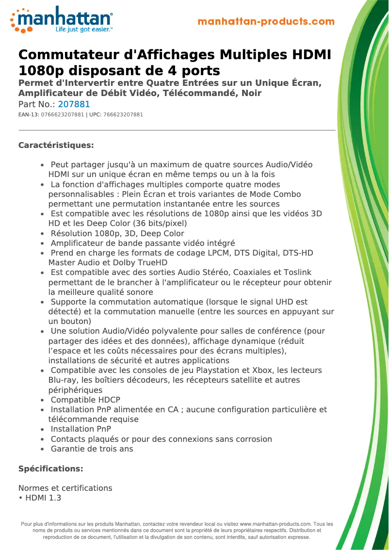 Page 1 de la notice Fiche technique Manhattan 207881