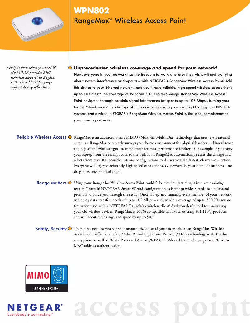 Page 1 de la notice Fiche technique Netgear WPN802