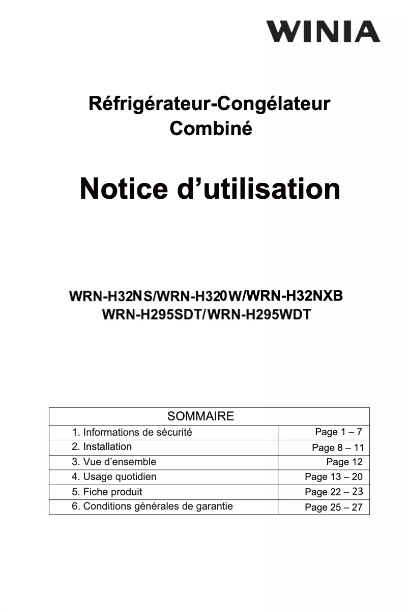 Page n°1 - Manuel utilisateur Winia WRN-H32NXB