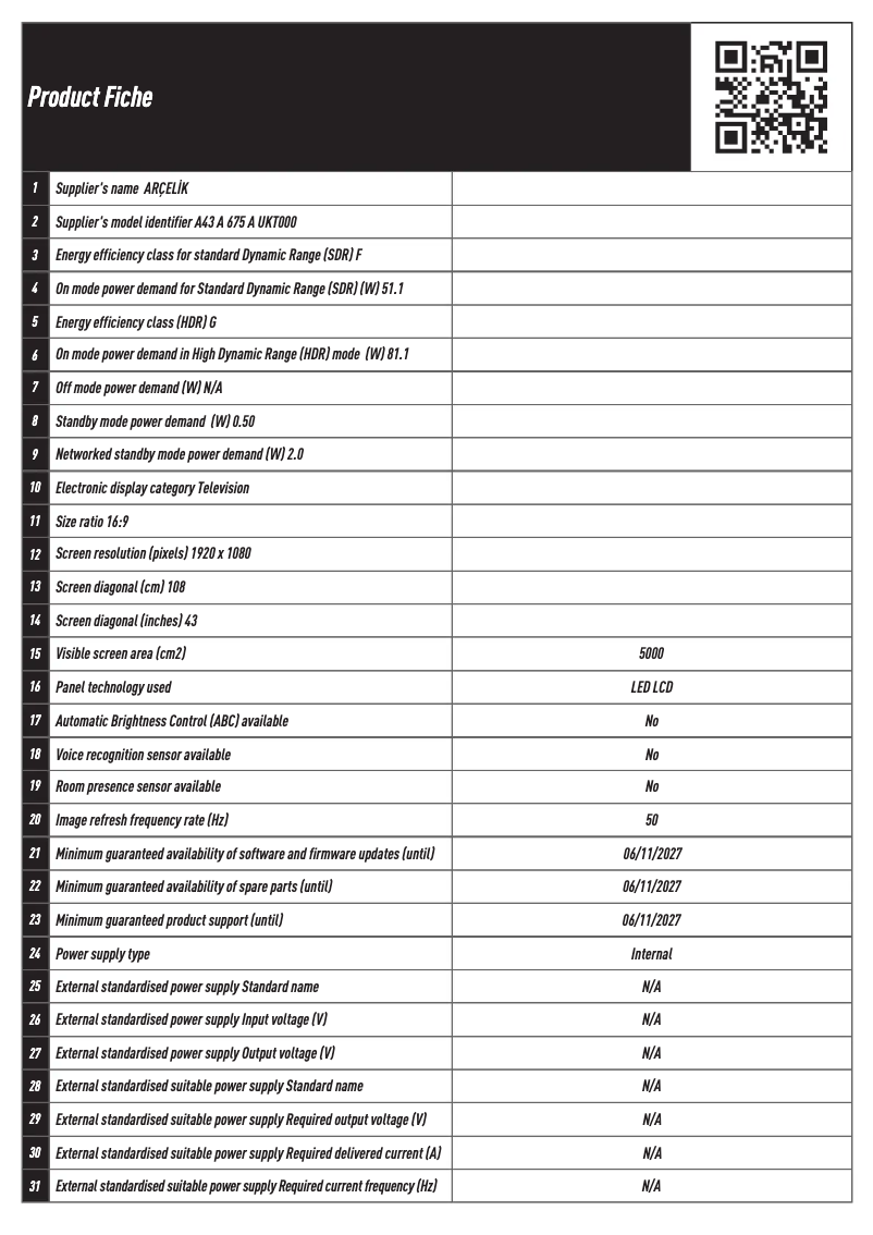 Page 1 de la notice Fiche technique Arçelik A43 A 675 A