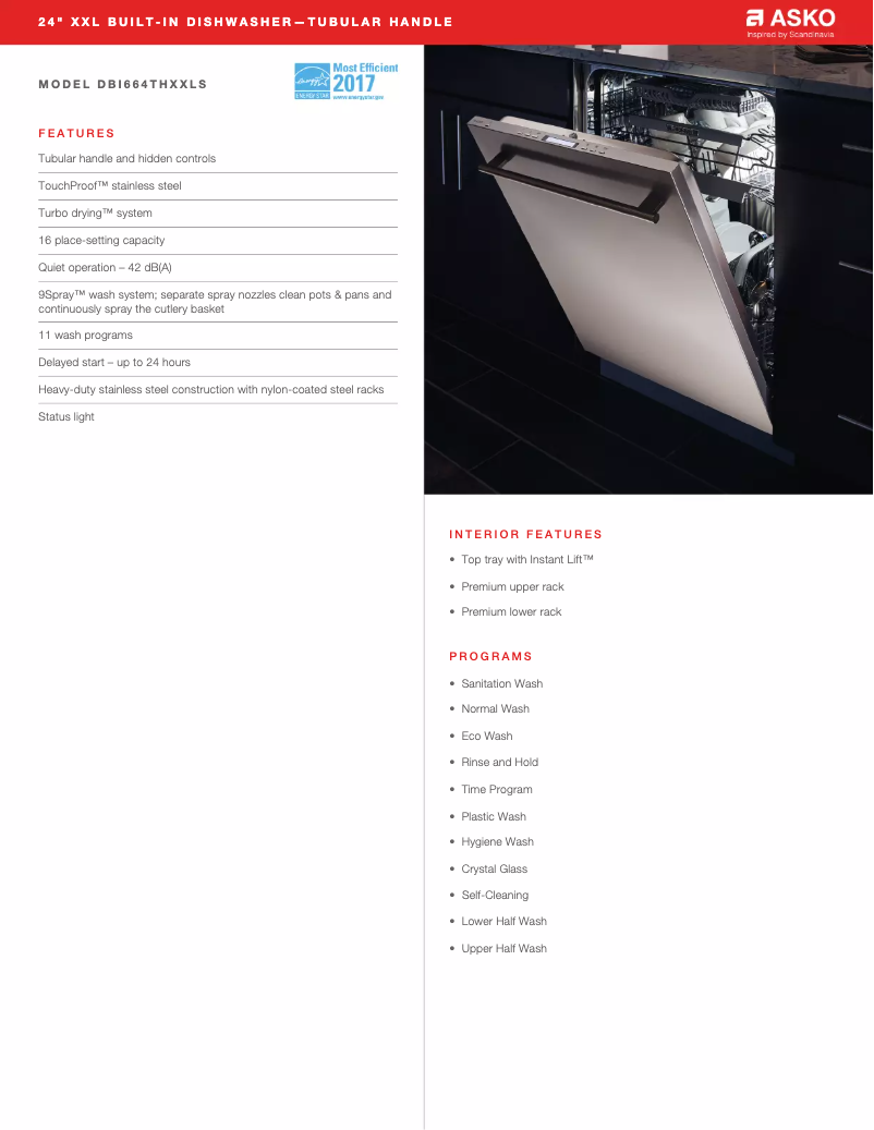 Page 1 de la notice Fiche technique Asko DBI664THXXLS