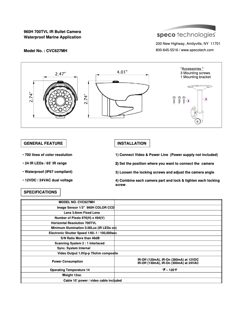 Page 1 de la notice Manuel utilisateur Speco Technologies CVC627MH
