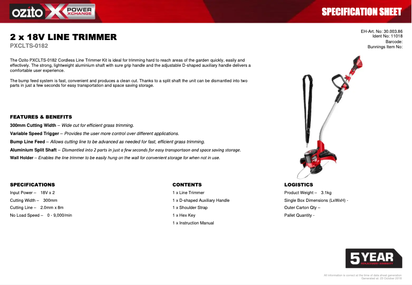 Página 1 del manual Ficha técnica Ozito PXCLTS-0182