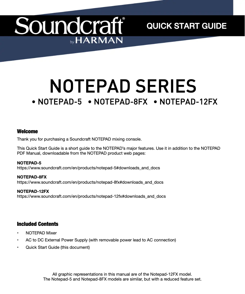 Page 1 de la notice Guide de démarrage rapide Soundcraft Notepad-8FX
