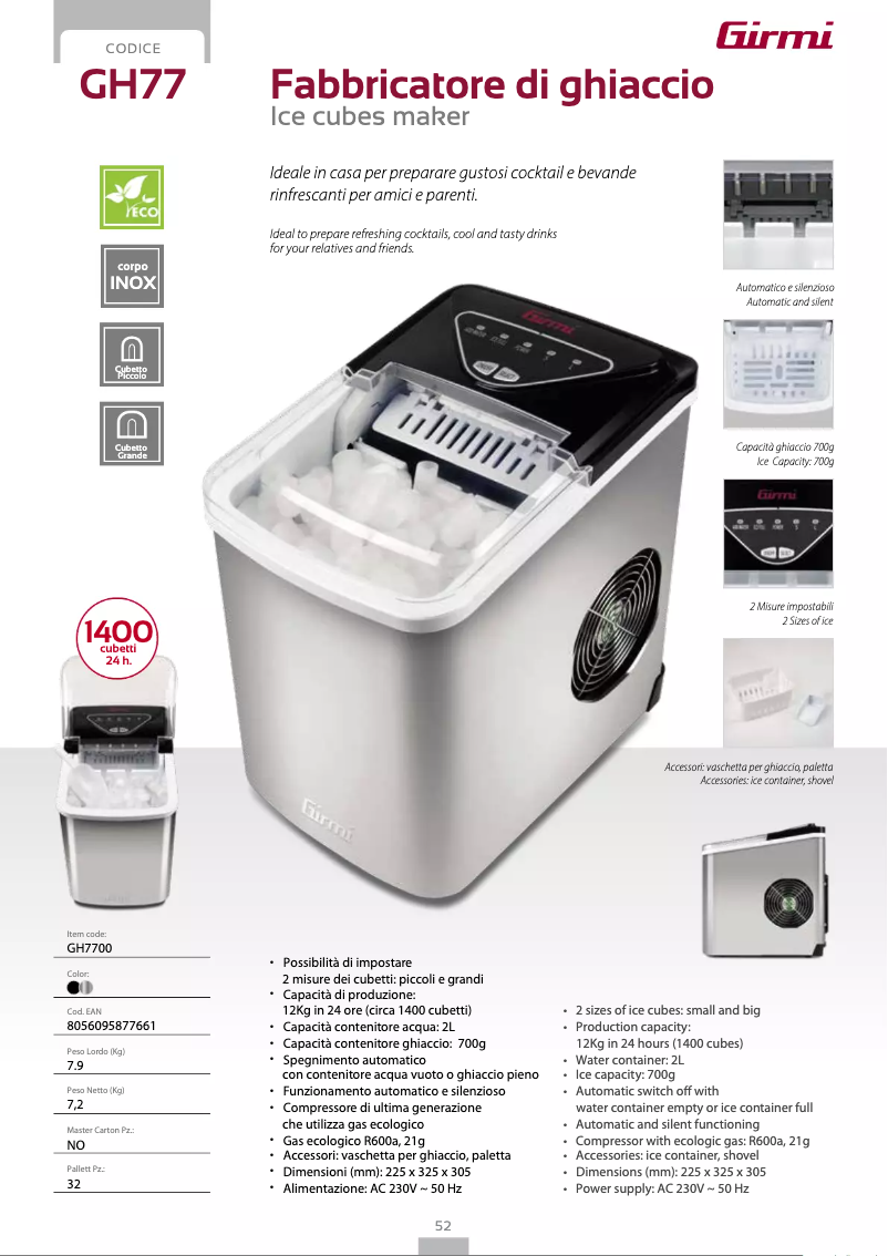 Page 1 de la notice Fiche technique Girmi GH77