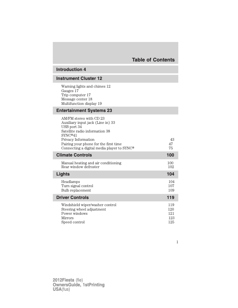 Page 1 de la notice Manuel utilisateur Ford Fiesta (2012)