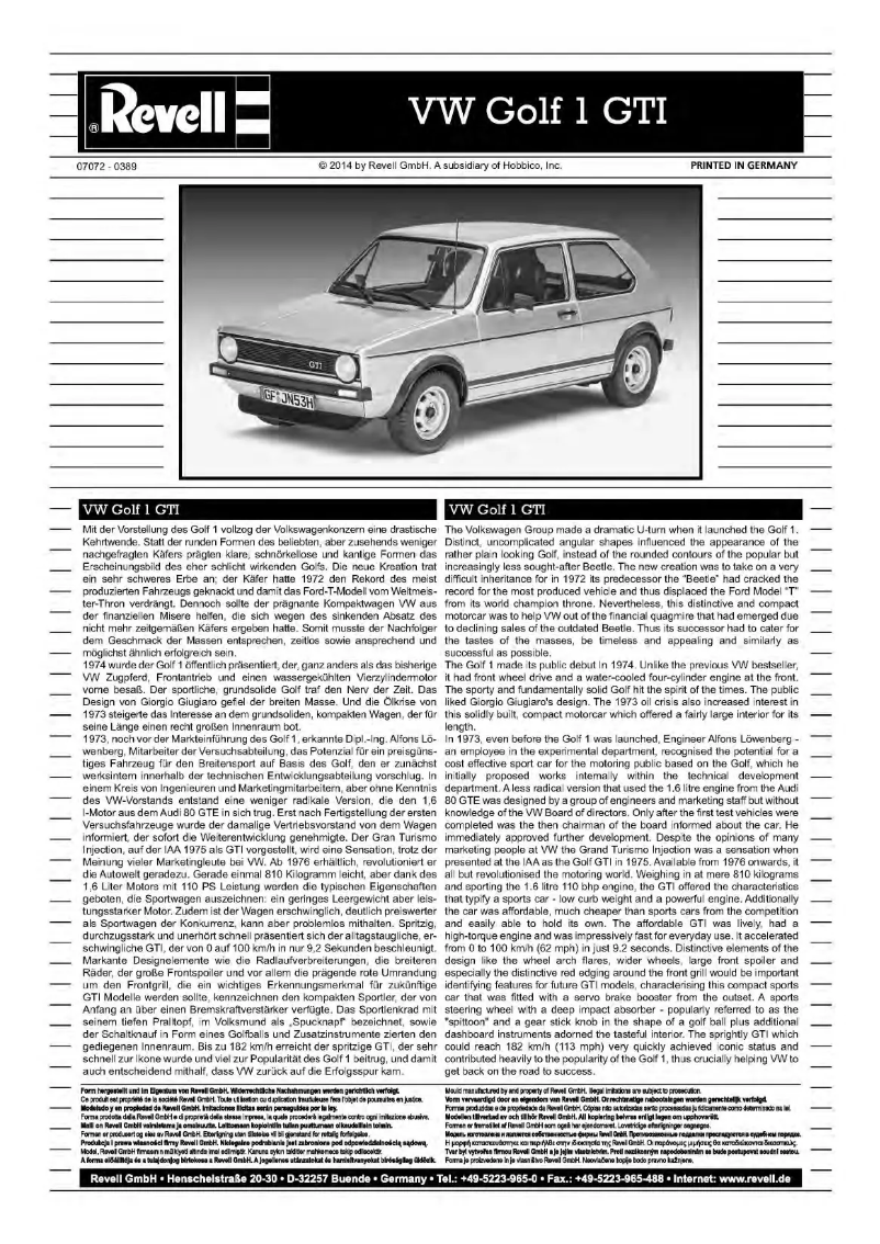Page n°1 - Manuel utilisateur Revell VW Golf 1 GTI