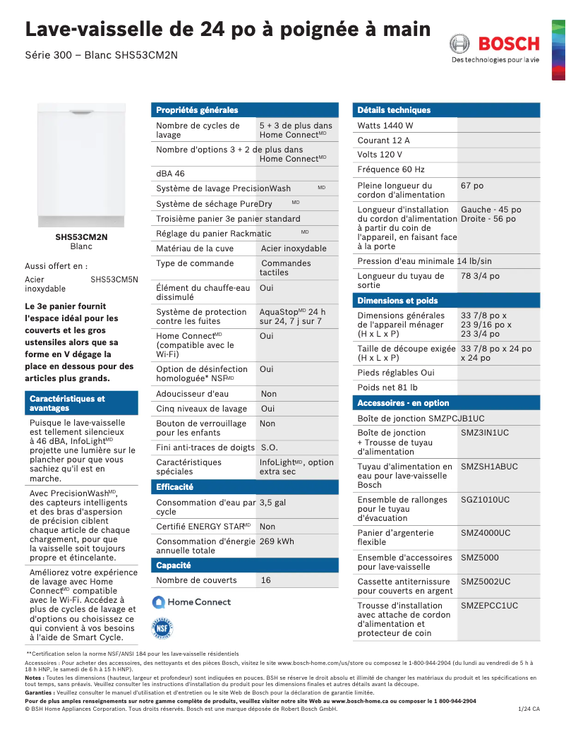 Page 1 de la notice Fiche technique Bosch SHS53CM2N