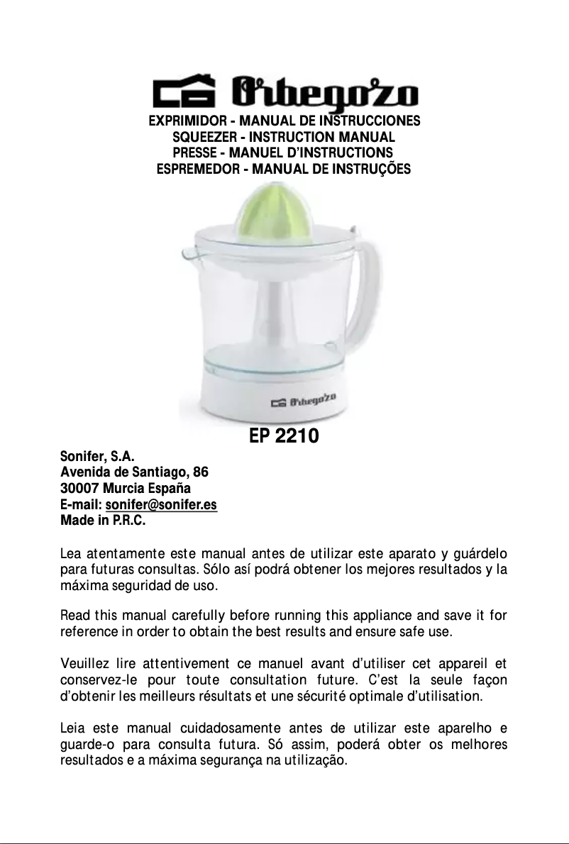 Page 1 de la notice Manuel utilisateur Orbegozo EP 2210