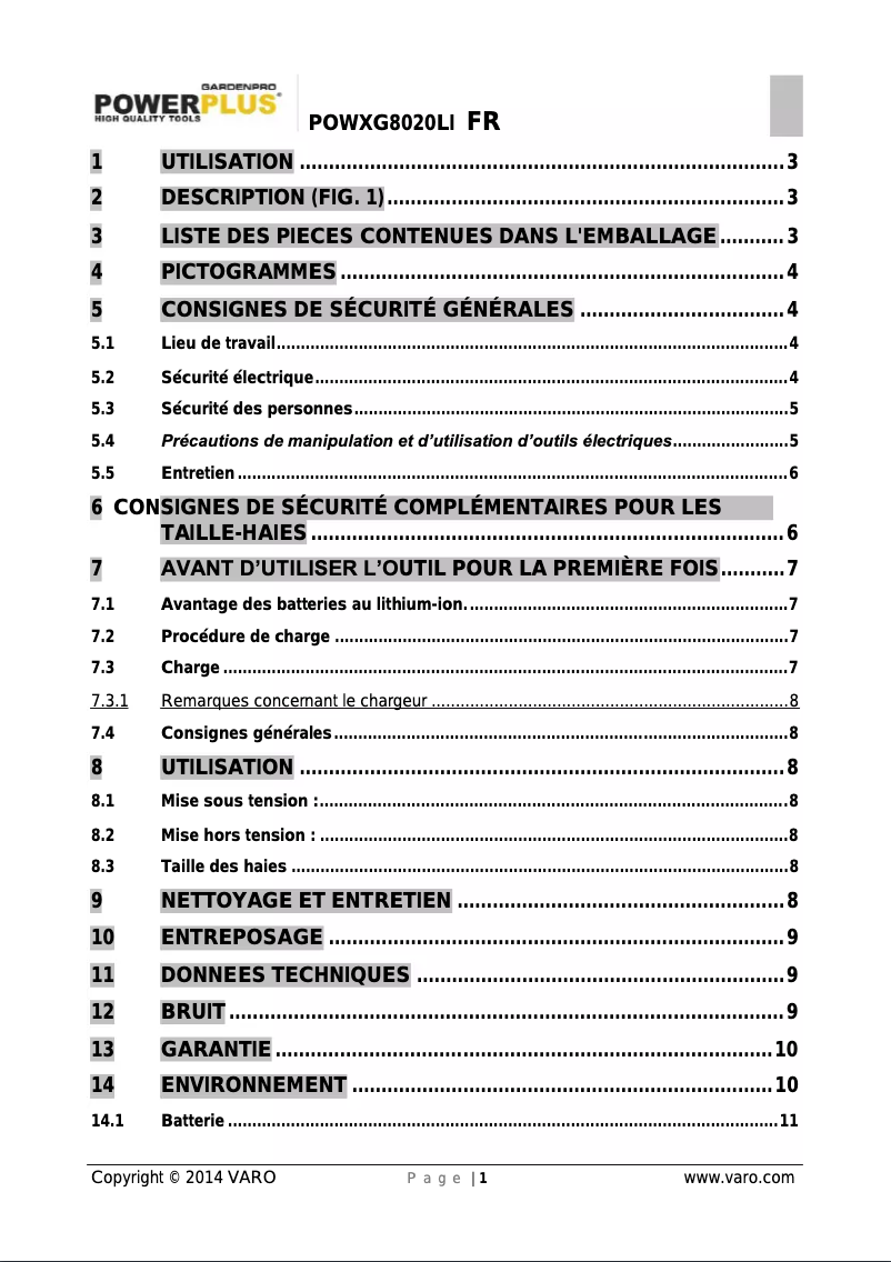 Page 1 de la notice Manuel utilisateur VARO POWXG8020LI