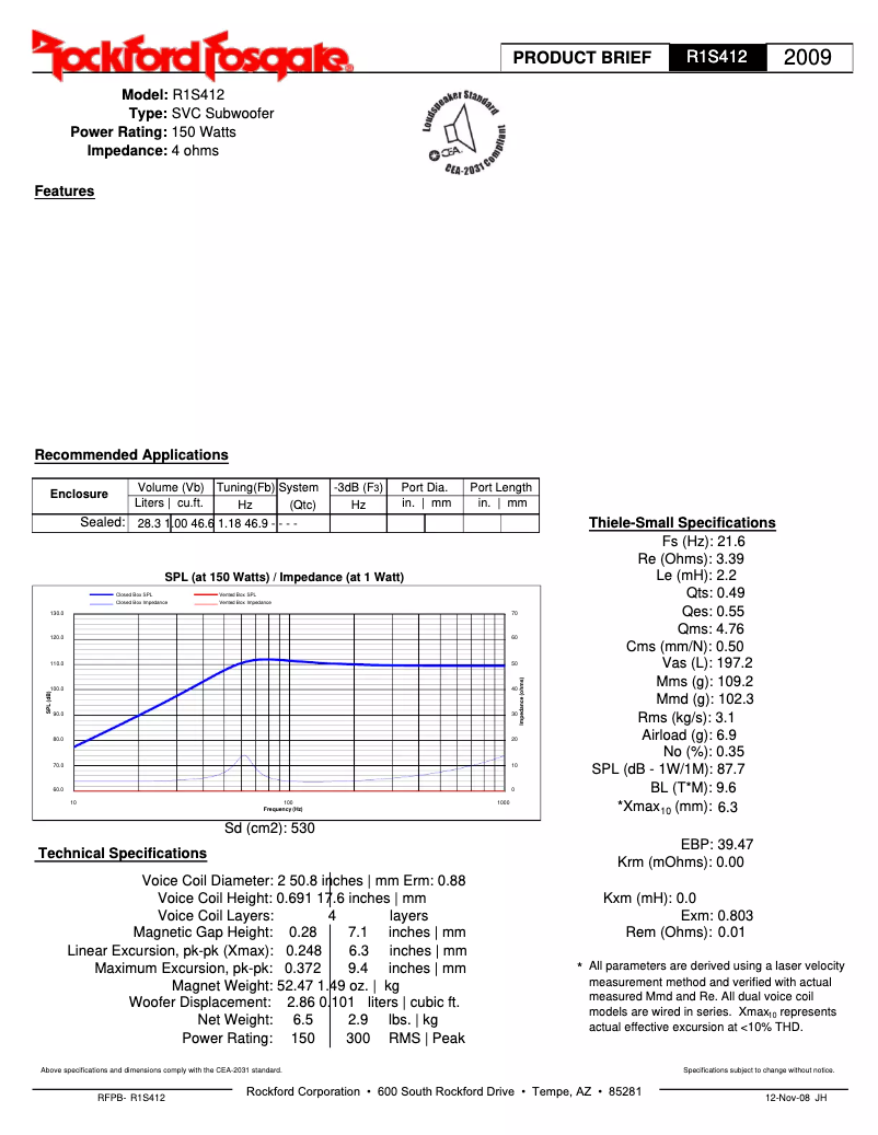 Page 1 de la notice Fiche technique Rockford Fosgate Prime R1S410