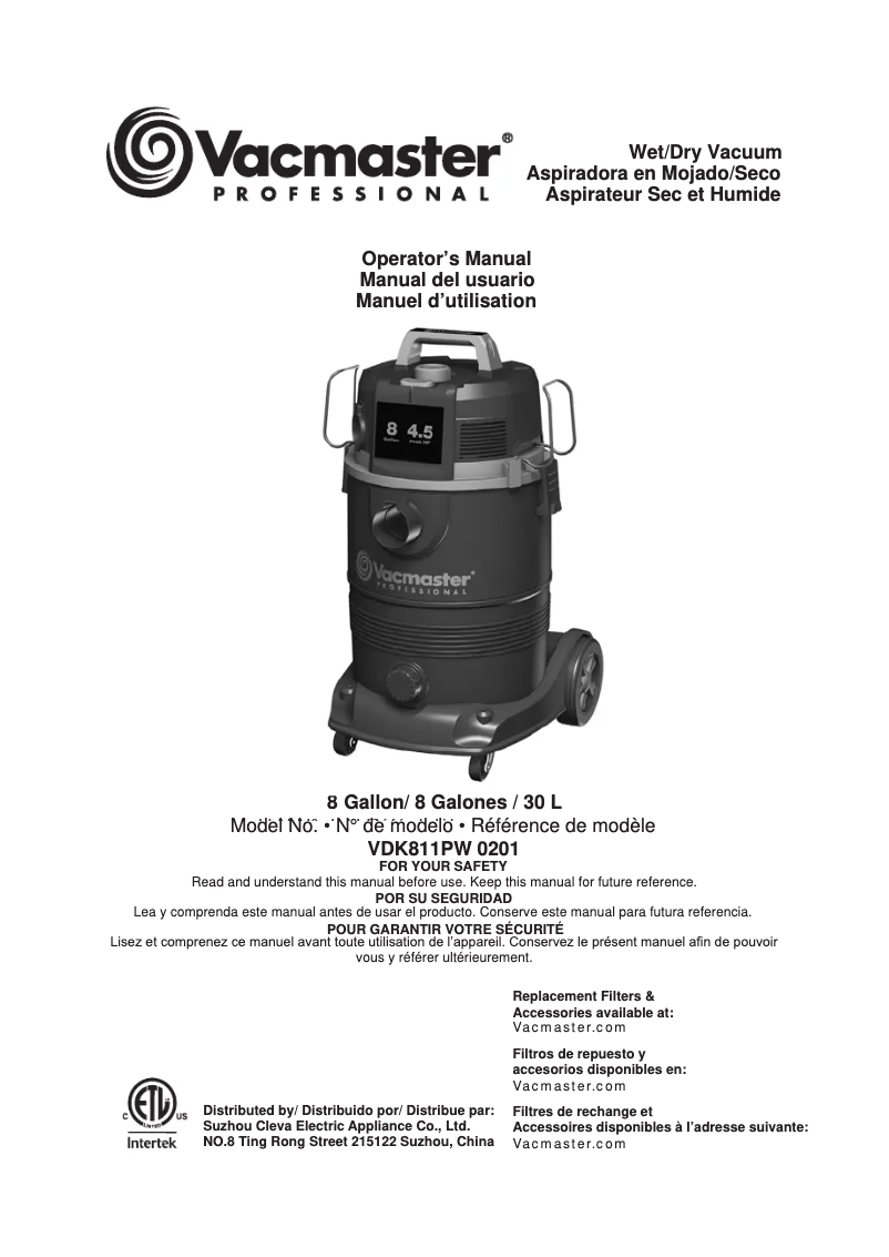 Page 1 de la notice Manuel utilisateur Vacmaster Professional VDK811PW 0201