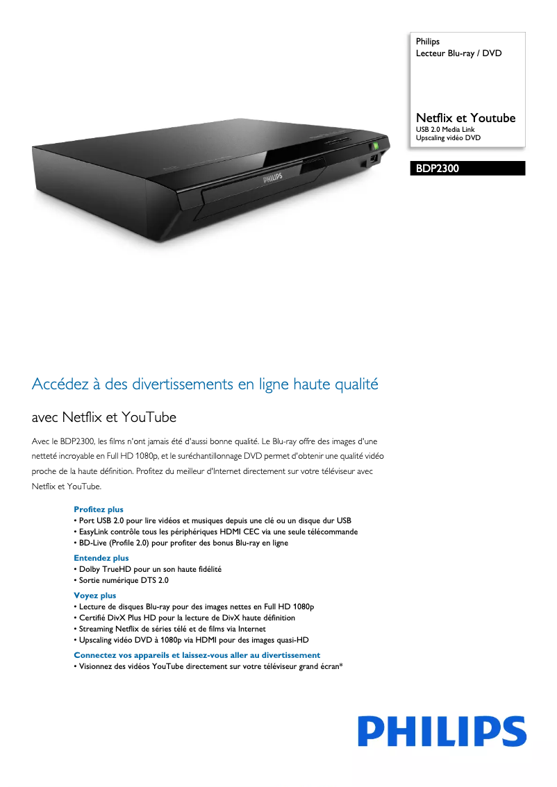 Page 1 de la notice Fiche technique Philips BDP2300