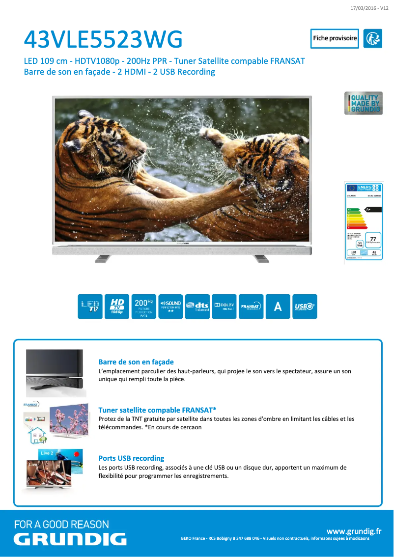 Page 1 de la notice Manuel utilisateur Grundig 43VLE5523WG