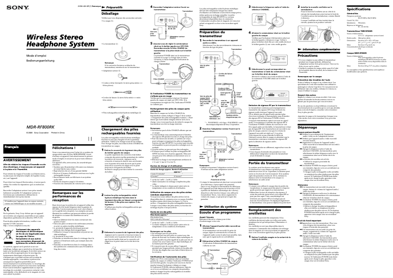 Image de la première page du manuel de l'appareil MDR-RF800RK