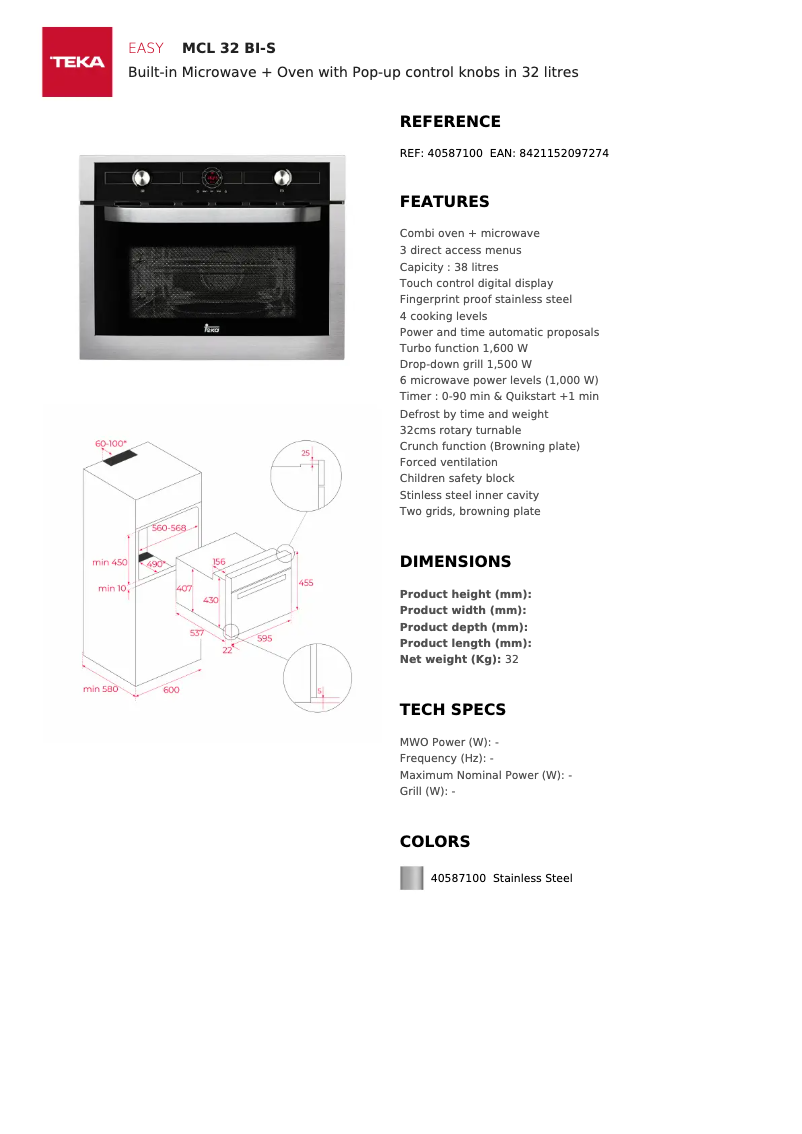 Page 1 de la notice Manuel utilisateur Teka MCL 32 BI-S