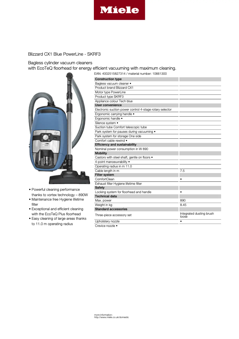 Page n°1 - Fiche technique Miele Blizzard CX1 Blue PowerLine
