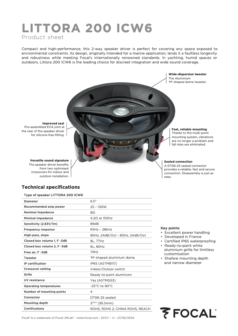 Page 1 de la notice Fiche technique Focal Littora 200 ICW 6