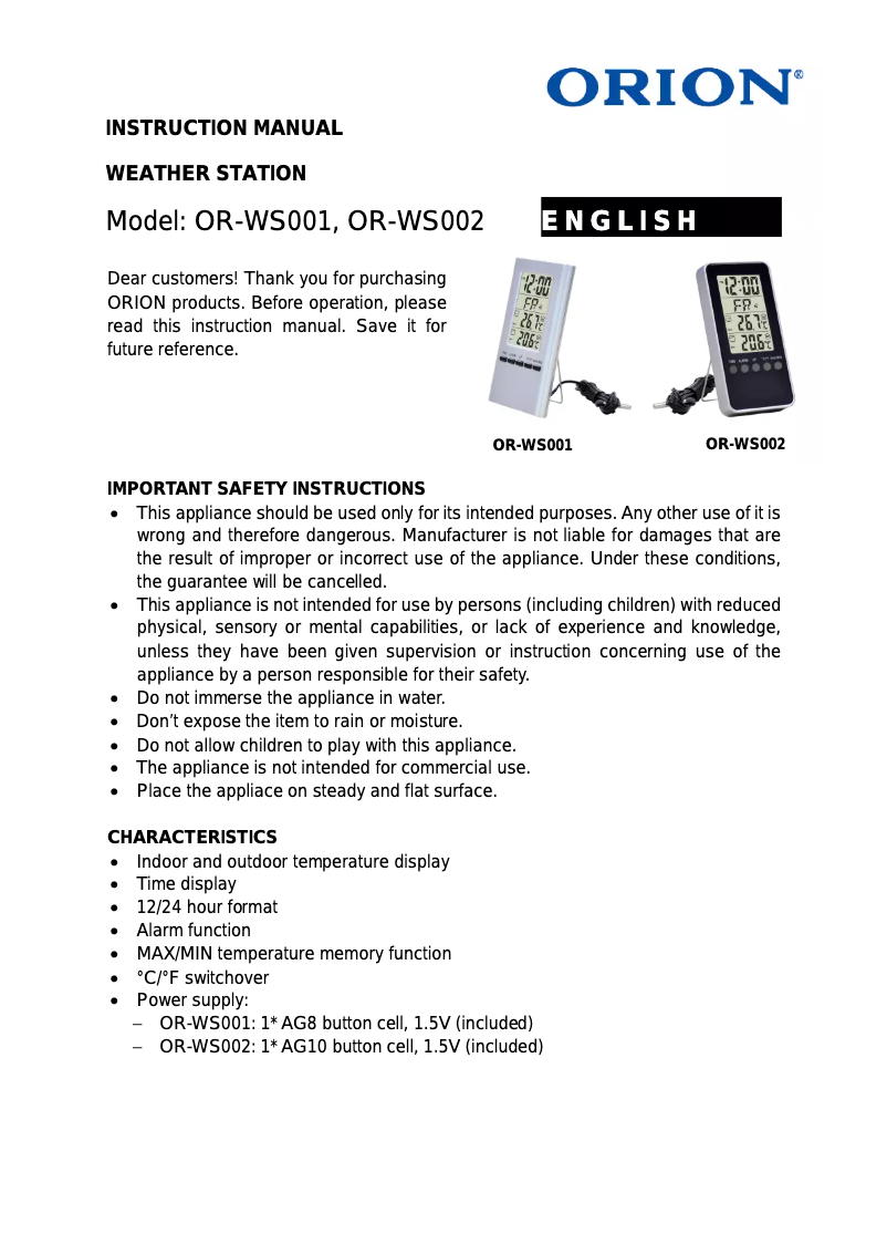 Page 1 de la notice Manuel utilisateur Orion OR-WS002