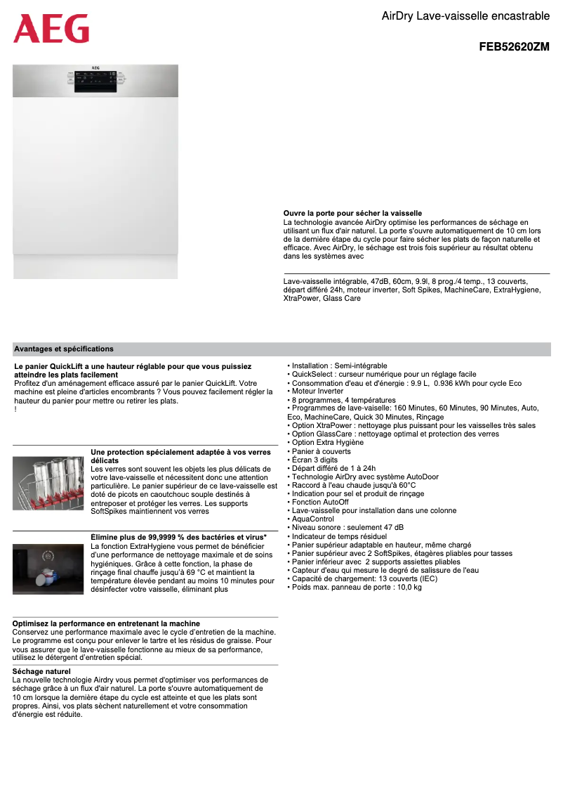 Page 1 de la notice Fiche technique AEG FEB52620ZM