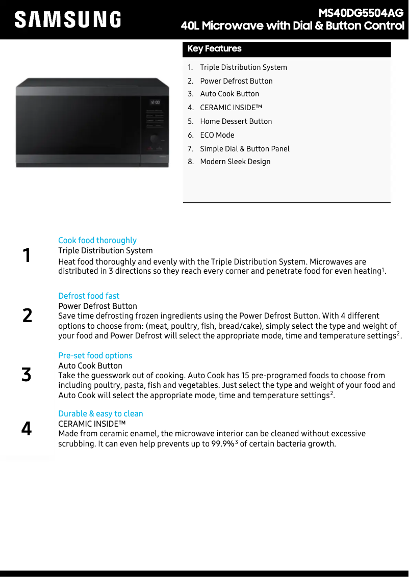 Page 1 de la notice Fiche technique Samsung MS40DG5504AG