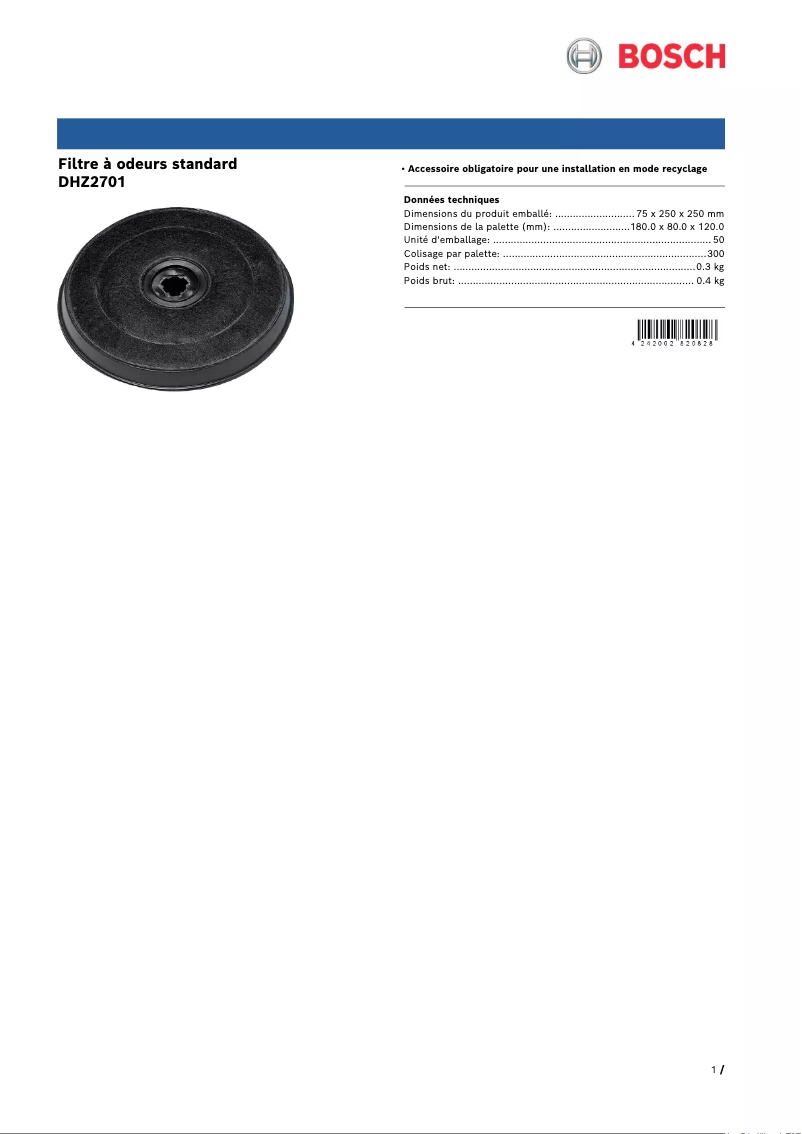 Page 1 de la notice Fiche technique Bosch DHZ2701