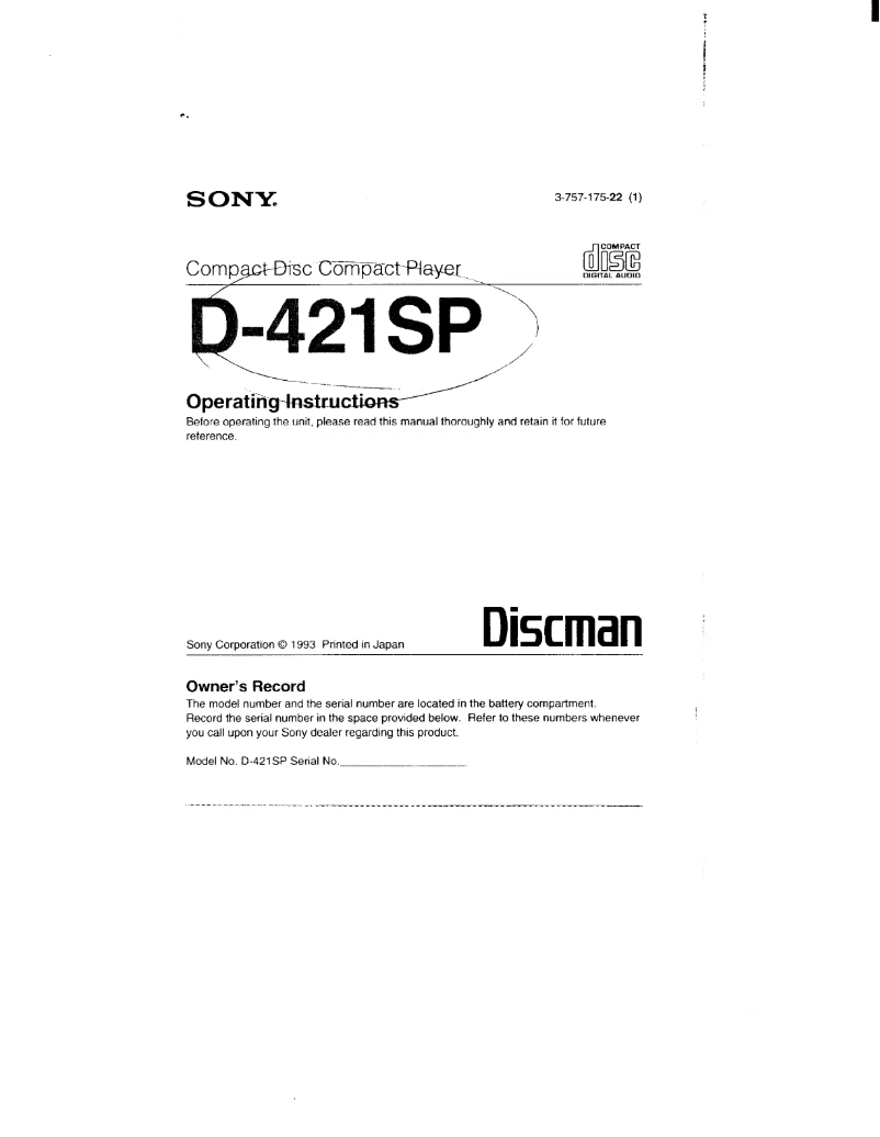 Page 1 de la notice Manuel utilisateur Sony Discman D-421SP