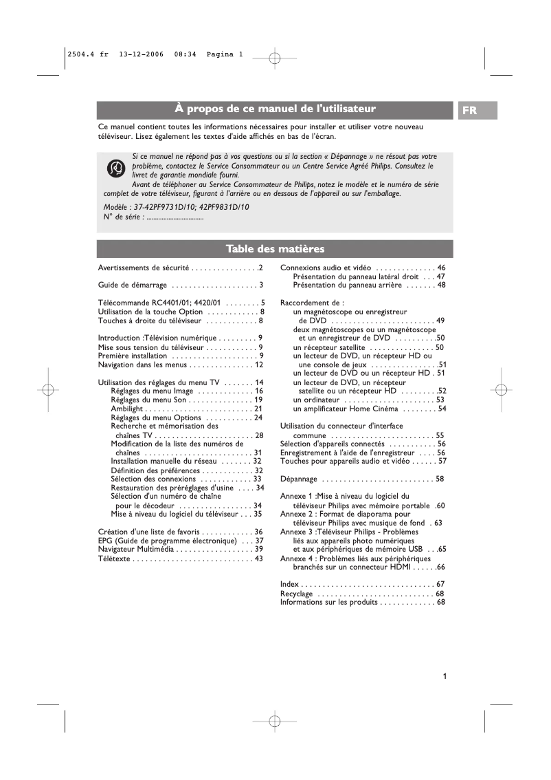 First page image of the manual for 42PF9831D