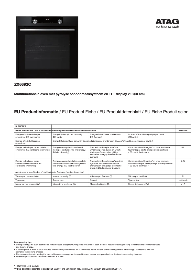 Page 1 de la notice Manuel utilisateur Atag ZX6692C