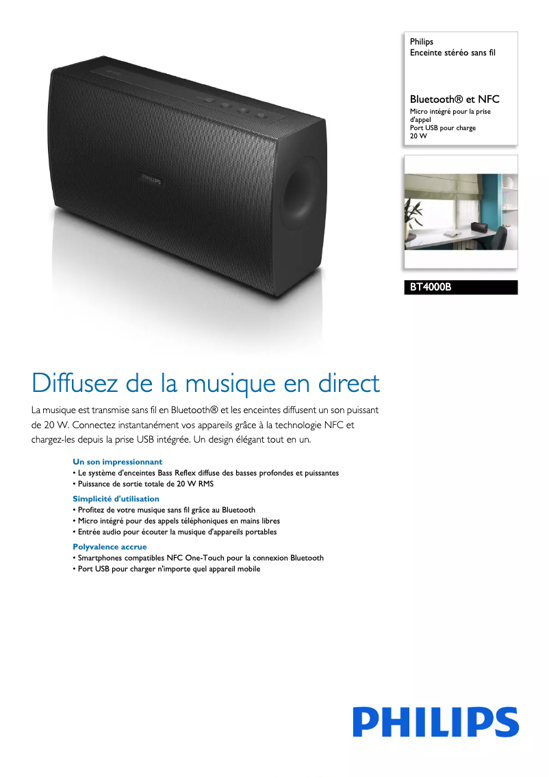 Page 1 de la notice Fiche technique Philips BT4000B