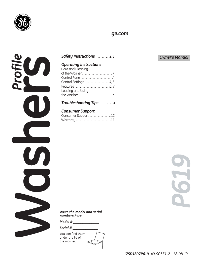 Page 1 de la notice Manuel utilisateur GE WPRE6150KWT