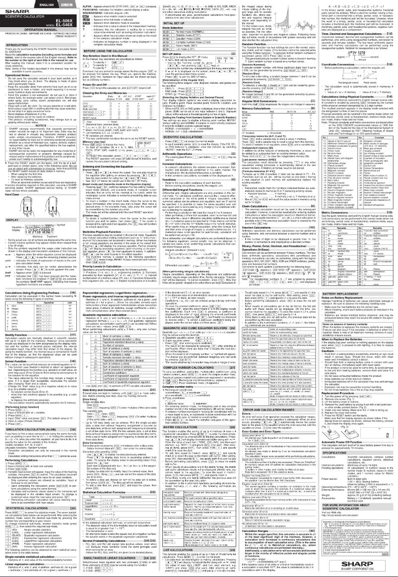 Page 1 de la notice Manuel utilisateur Sharp EL-546X