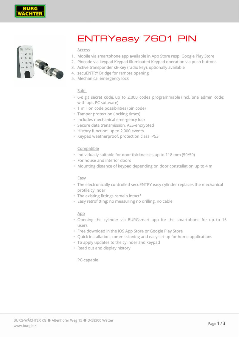 Imagen de la primera página del manual del dispositivo ENTRY easy 7601 PIN