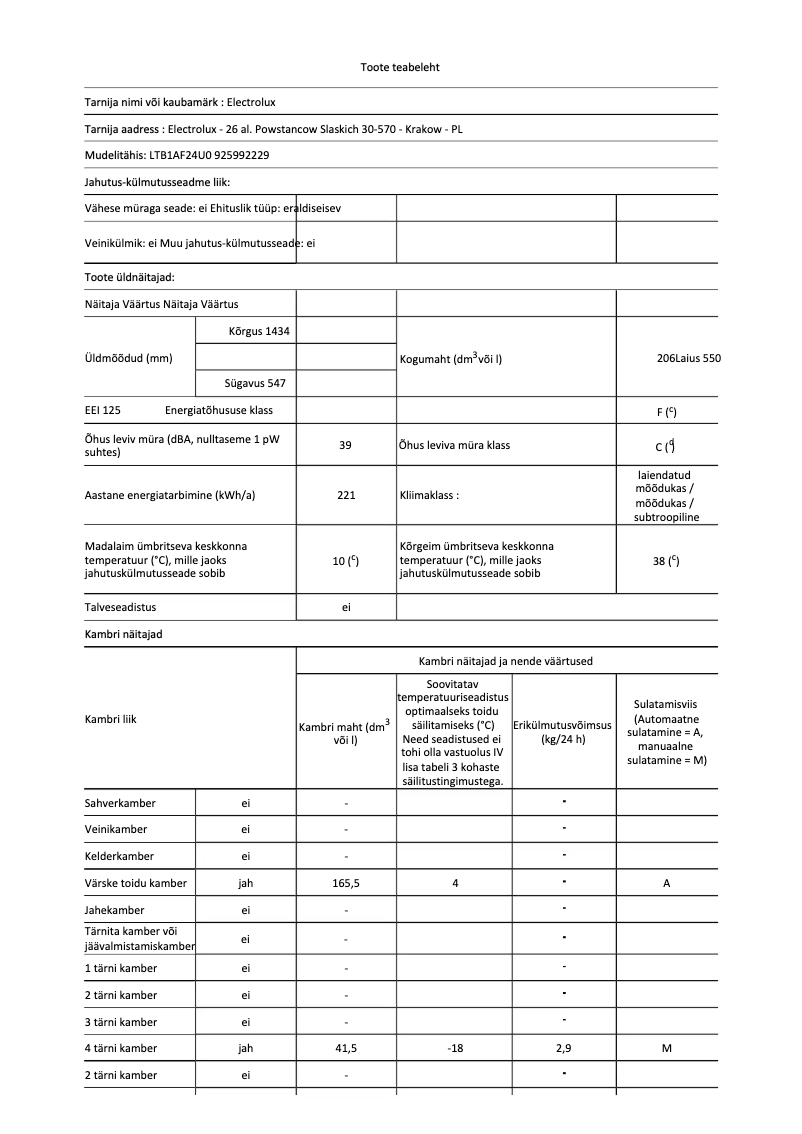 Page 1 de la notice Fiche technique Electrolux LTB1AF24U0