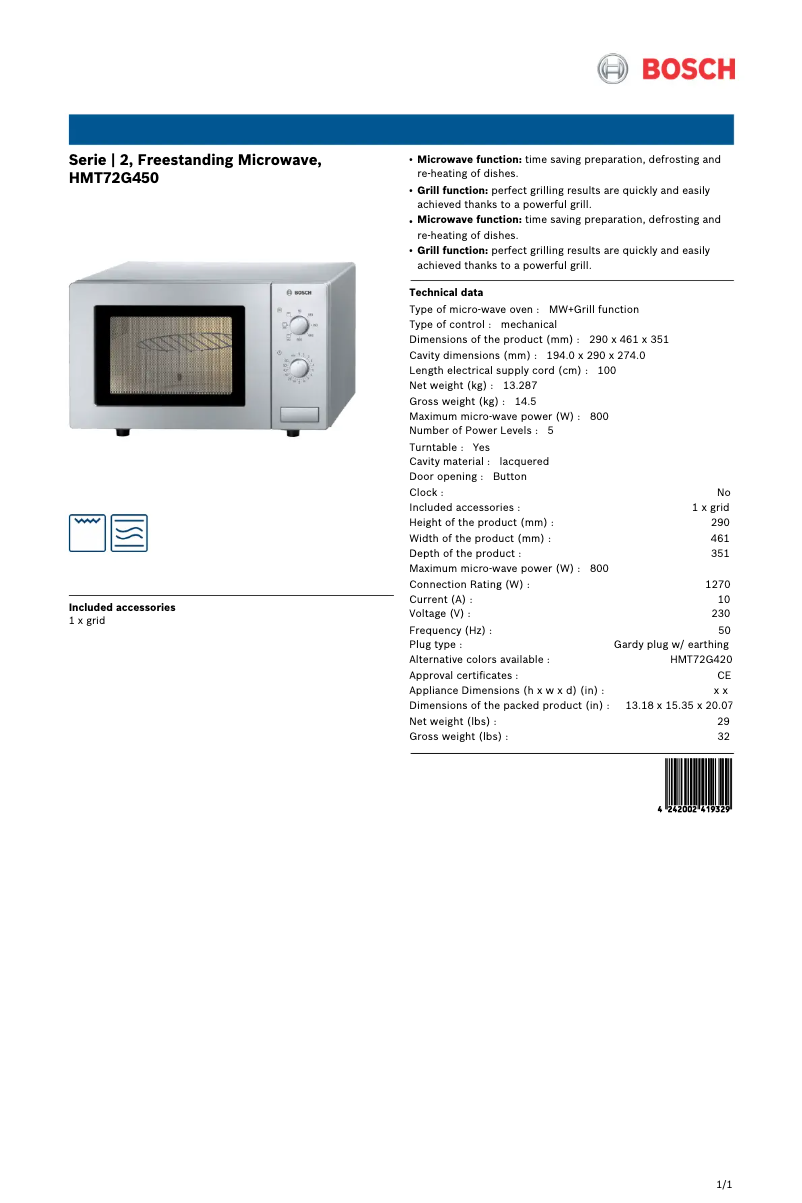 Page 1 de la notice Fiche technique Bosch HMT72G450