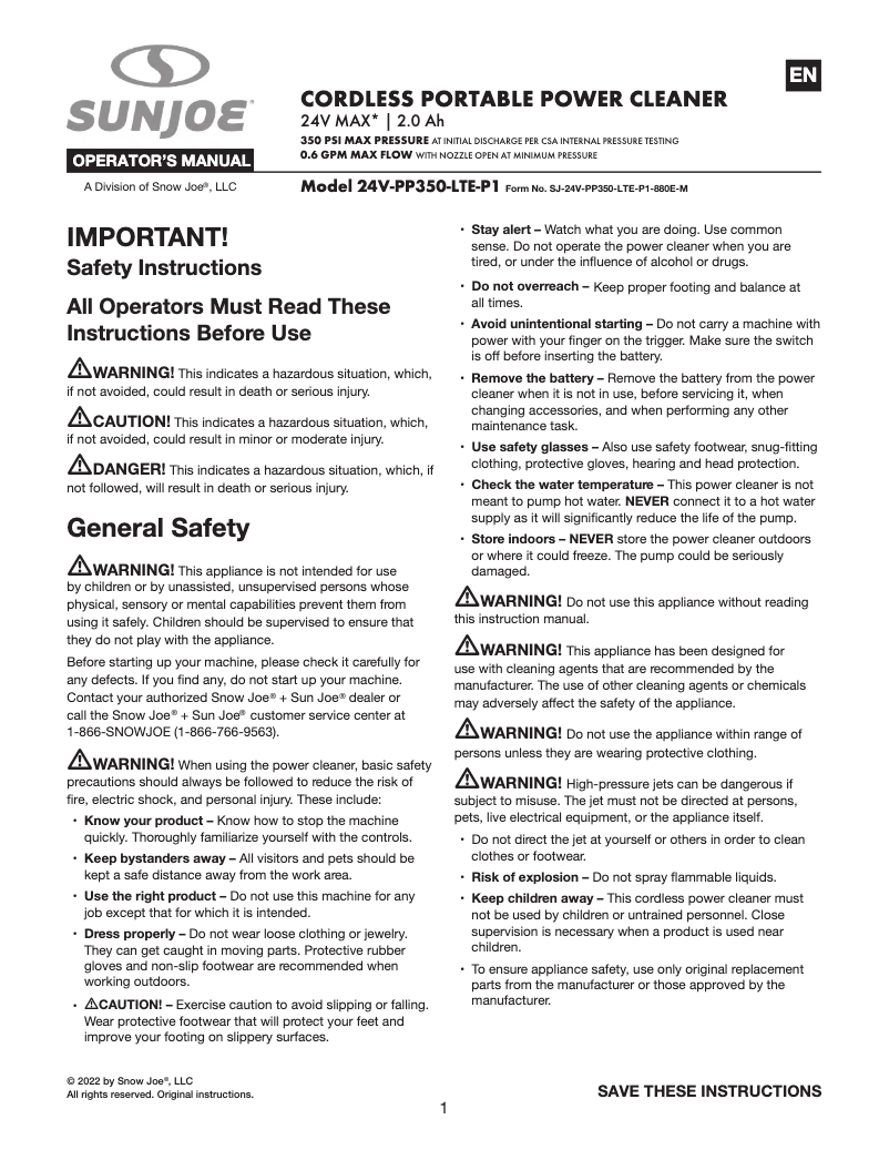 Page 1 de la notice Manuel utilisateur Sun Joe 24V-PP350-LTE-P1