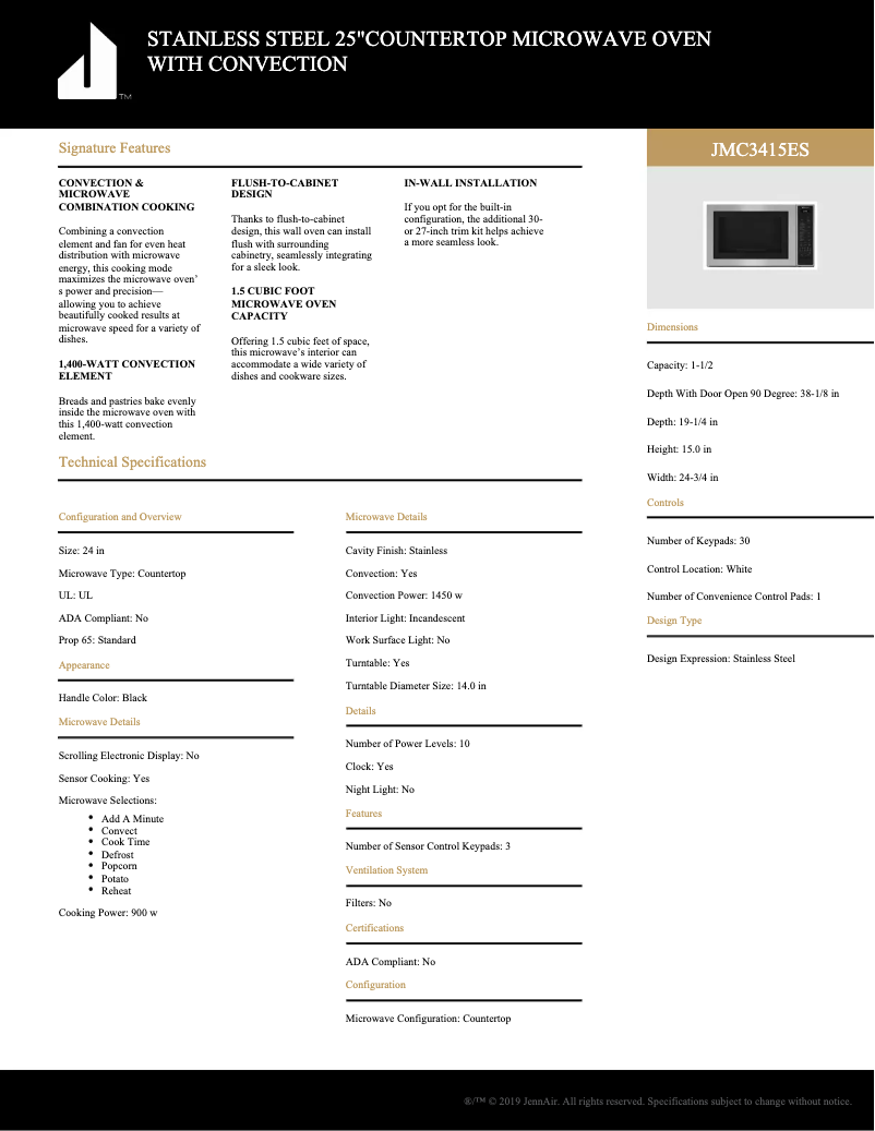 Page n°1 - Fiche technique JennAir JMC3415ES